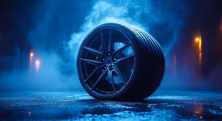 Wall Mural - A tire is sitting on a wet road with smoke in the background. The tire is surrounded by a blue fog, giving the scene a mysterious and eerie atmosphere