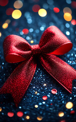 Wall Mural - A red ribbon is on a blue background. The ribbon is shiny and sparkly. The background is blurry and has a lot of light