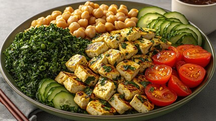 Sticker -   A platter of tofu, tomatoes, cucumber, and assorted vegetables served with chopsticks