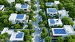 © alex - Aerial view sustainable city solar panels wind turbines eco-friendly energy system. AI generated