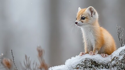 Canvas Print -   Small brown and white animal perched on snow-covered tree branch amidst wintery forest