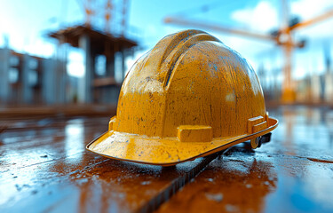 A yellow hard hat is sitting on a wooden surface. The hat is dirty and has a worn appearance. Concept of hard work and labor