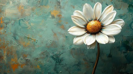 Sticker -   A painting of a white flower with a golden center against a blue and green background features the flower's golden center prominently