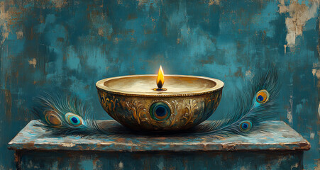 A gold bowl with a candle in it is on a shelf. The bowl is decorated with peacock feathers. Concept of calm and serenity, as the candle's light illuminates the bowl and the feathers