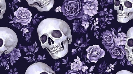 Wall Mural - Purple Floral Pattern with Skulls and Leaves