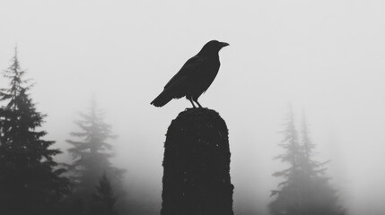 A black and white photo of a crow perched on a rock in a foggy forest. Scene is eerie and mysterious, as the crow is the only visible element in the scene. The fog adds to the sense of isolation