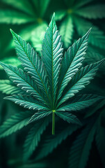 Wall Mural - A leafy green marijuana plant with a stem and a leaf. The leaf is green and has a frosty appearance