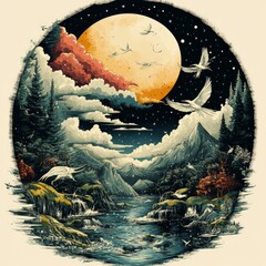 Sticker - Serene landscape with mountains, water, and a full moon.