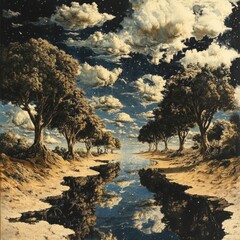 Sticker - Serene landscape with trees and reflective water under clouds.