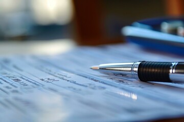 Pen is lying on a desk with important documents with a calculator in the background