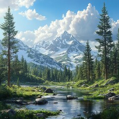 Canvas Print - Serene mountain landscape with a clear river and trees.