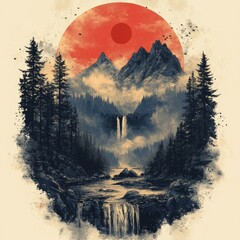 Wall Mural - Serene mountain landscape with waterfall and sunset.