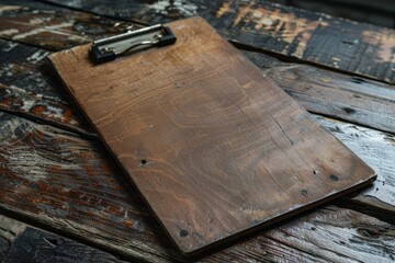 Poster - Empty wooden clipboard is lying on rustic table waiting for important notes