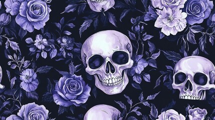 Poster - Watercolor Skull and Purple Rose Seamless Pattern