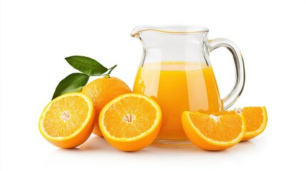 Poster -   An orange pitcher, sliced oranges, and a grapefruit half on a white backdrop