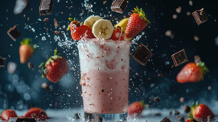 Canvas Print -   A milkshake with strawberries, bananas, and chocolate shavings spilling over the top