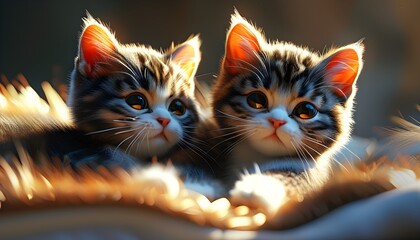 Wall Mural - Adorable twin cats cuddling in a vibrant, high-resolution 3D illustration with soft fur details and cinematic lighting