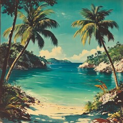 Sticker - Serene tropical beach scene with palm trees and clear water.