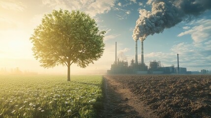 Green Tree vs. Factory Pollution. AI generated illustration