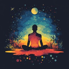 Poster - Silhouette meditating under a colorful cosmic sky.