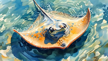 Vibrant Watercolor Stingray Gliding Through Shallow Waters Under Bright Daylight