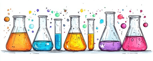 colorful clip art illustration of science lab equipment with beakers and test tubes filled with vibr