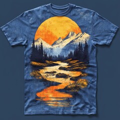 Wall Mural - T-shirt design featuring a sunset over mountains and a river.