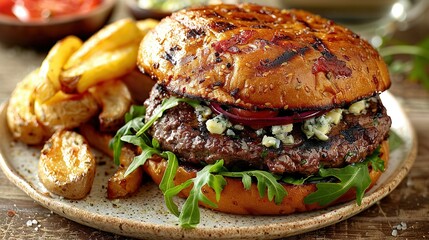 Wall Mural -   A burger with lettuce, tomato, and onion on a plate with potato wedges, both resting on a wooden table