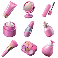 Set of different makeup and cosmetic products including lipstick, mascara, serum, cream isolated on a transparent background