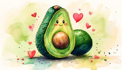 Wall Mural - Adorable watercolor avocados in love, featuring heart shapes and soft pastels, exuding a tender gaze with clean sharpness and gentle shadows