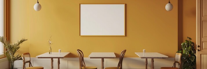 Sticker - Modern cafe interior with yellow walls, blank frame, and empty tables