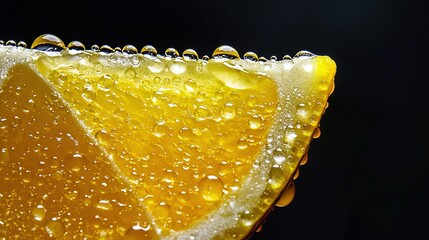 Poster -   A close-up image of a lemon slice with water droplets on top and bottom