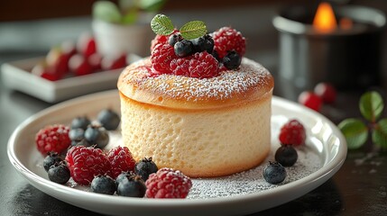 Canvas Print -   A white plate featuring a cake dusted with powdered sugar and embellished with fresh raspberries and blueberries