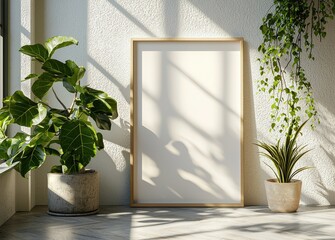 Minimalist mockup of an empty vertical frame surrounded by lush green houseplants in natural sunlight