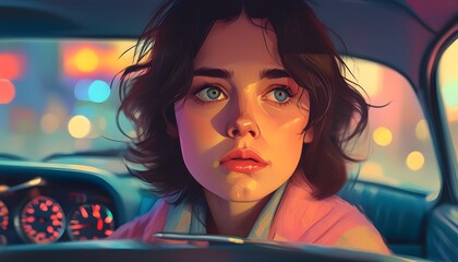 Wall Mural - Confused individual in a vibrant car interior, illuminated dashboard lights, engaging color grading, eye-level perspective, soft shadows creating a serene atmosphere