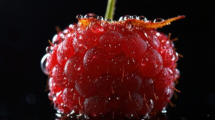 Poster -   Close-up of a juicy fruit with water droplets on the surface and a green stem emerging from the top