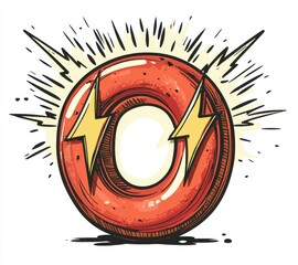 Dynamic illustration of two striking lightning bolts behind a vibrant red donut shape conveying energy and excitement