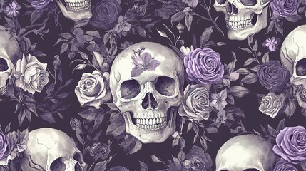 Poster - Seamless Pattern of Skulls and Roses in Monochrome