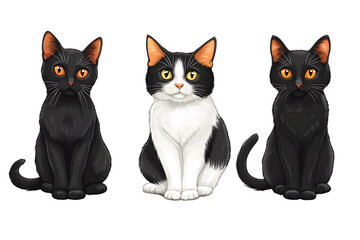 illustration of white and black cats sitting together isolated png transparent background