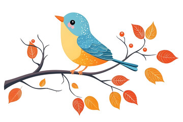 blue bird sitting on a branch with orange leaves illustration 