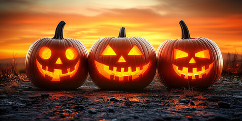 Halloween themed background featuring Jack-o-Lanterns with copy space