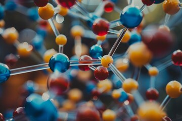 Poster - Molecular structure model with colorful atoms connecting illustrating the concept of chemistry, biology, and science