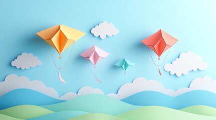 Colorful kites soaring over pastel paper cut landscape with blue sky and white clouds