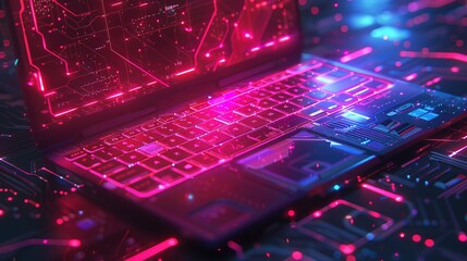 Canvas Print - Futuristic illustration about computer technology with a laptop in neon colors. For cover backgrounds, wallpapers and other modern projects