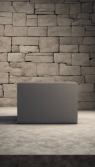 Wall Mural - Empty stone granite podium for product display on rough stone wall background vertical