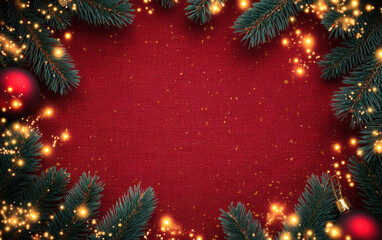 Christmas background with xmas tree and sparkle bokeh lights on red canvas background. Merry christmas card. Winter holiday theme. Happy New Year. Space for text