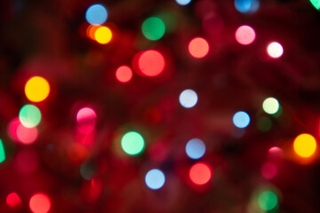 Colorful bokeh lights taken on a christmas tree. Blurred circle shapes background photography
