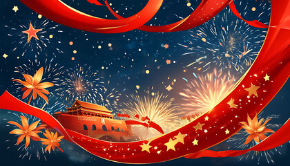 National Day celebration background illustration, integrating red ribbons, stars, and celebration elements