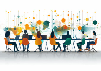 Poster - Collaborative Business Team Working on Data Analysis and Strategy in Modern Office, Minimalistic Vector Illustration, Creative Communication, Conceptual Work Environment