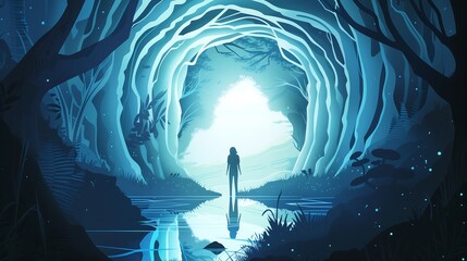 Poster - Silhouette of person standing in a mystical forest with glowing light at the end of a path